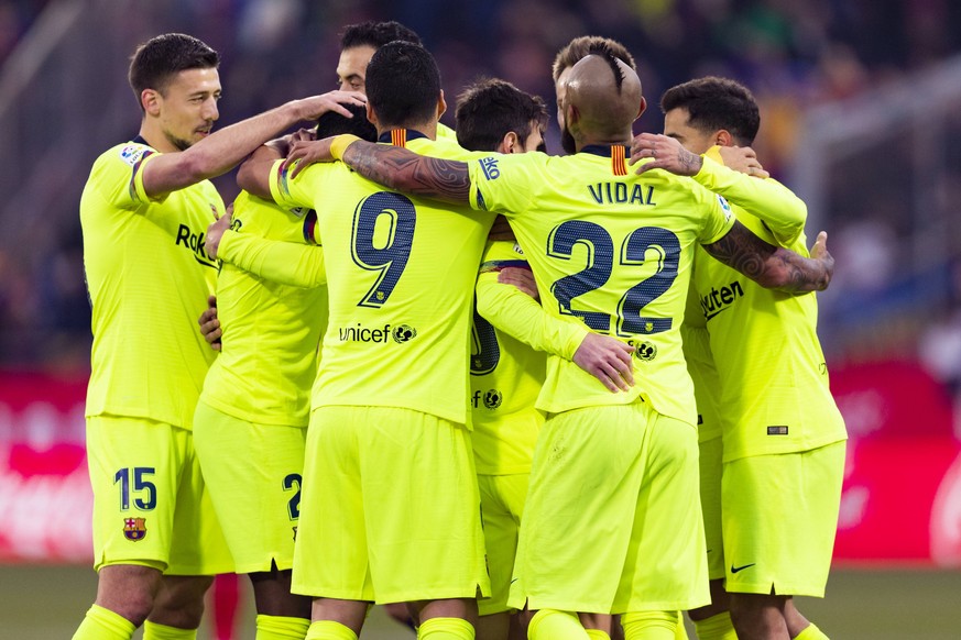 27.01.2019, xslx, Fussball Fussball La Liga, FC Girona - FC Barcelona Barca emspor, v.l. FC Barcelona Jubeln gemenisam nach den Tor von Nelson Semedo (FC Barcelona) zum 1-0 (DFL/DFB REGULATIONS PROHIB ...