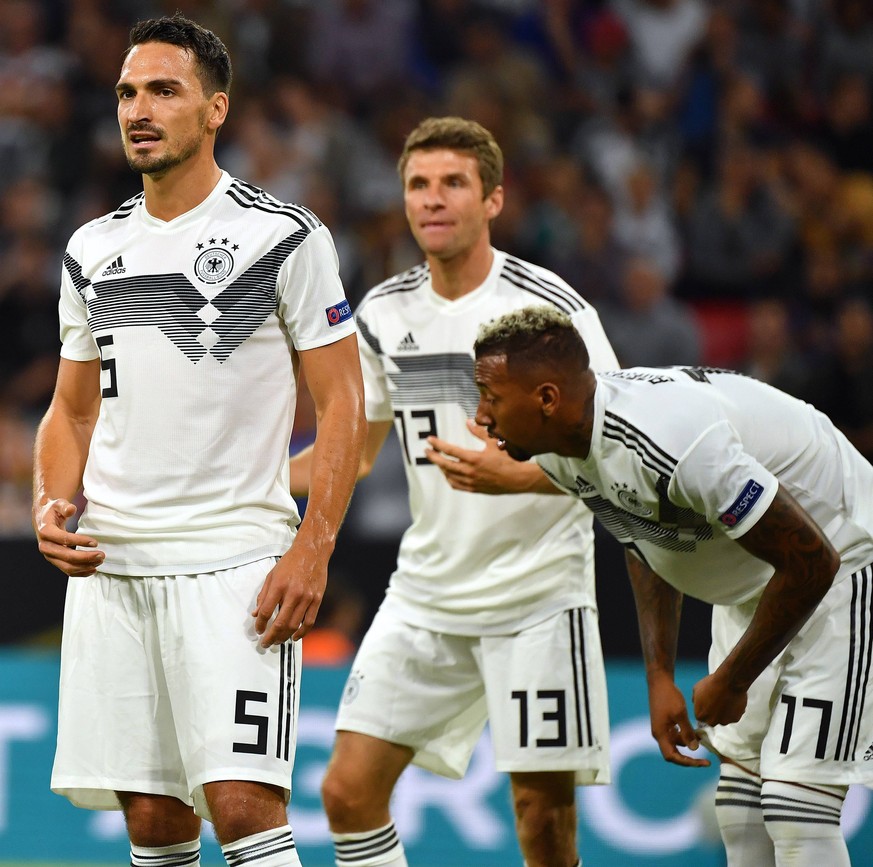 v.li:Joshua KIMMICH (GER),Matts HUMMELS (GER), Thomas MUELLER (GER), Jerome BOATENG (GER) . Fussball Laenderspiel, Nations League, Deutschland (GER)-Frankreich (FRA) 0-0, am 06.09.2018 in Muenchen / A ...