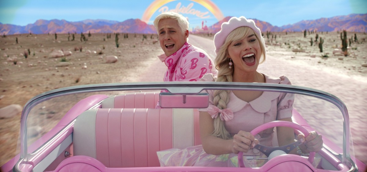 This image released by Warner Bros. Pictures shows Ryan Gosling, left, and Margot Robbie in a scene from &quot;Barbie.&quot; (Warner Bros. Pictures via AP)