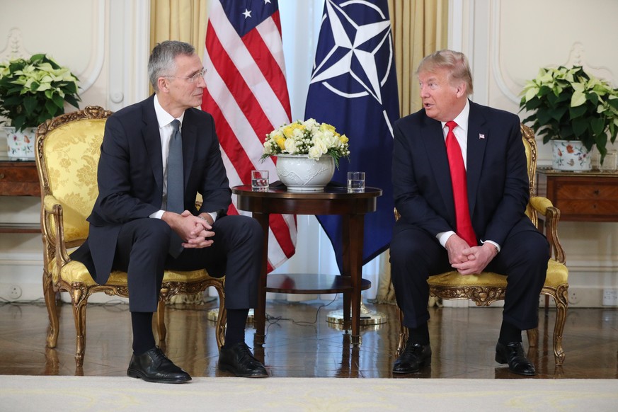 Nato Leaders Meeting. US President Donald Trump (right) at a breakfast meeting with Nato Secretary General Jens Stoltenberg at Winfield House, the residence of the Ambassador of the United States of A ...