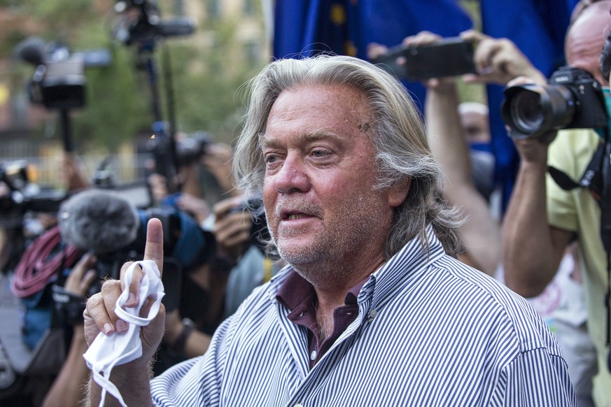 FILE - In this Aug. 20, 2020, file photo, President Donald Trump&#039;s former chief strategist, Steve Bannon, speaks with reporters in New York after pleading not guilty to charges that he ripped off ...