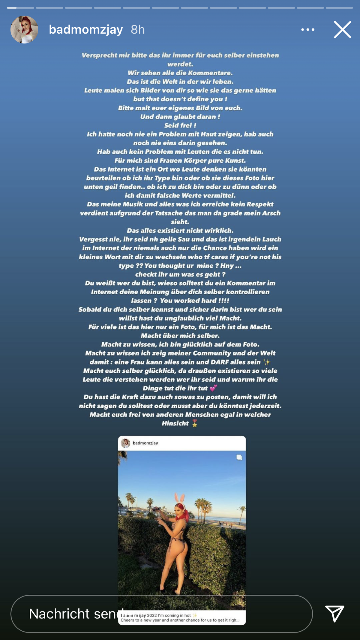 Badmómzjay setzt Bodyshaming unter ihrem Post ein langes Statement entgegen.