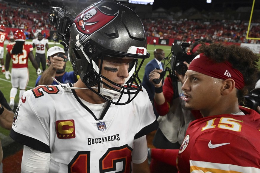 Tampa Bay Buccaneers quarterback Tom Brady (12) and Kansas City Chiefs quarterback Patrick Mahomes (15) greet each other after an NFL football game Sunday, Oct. 2, 2022, in Tampa, Fla. The Chiefs won  ...