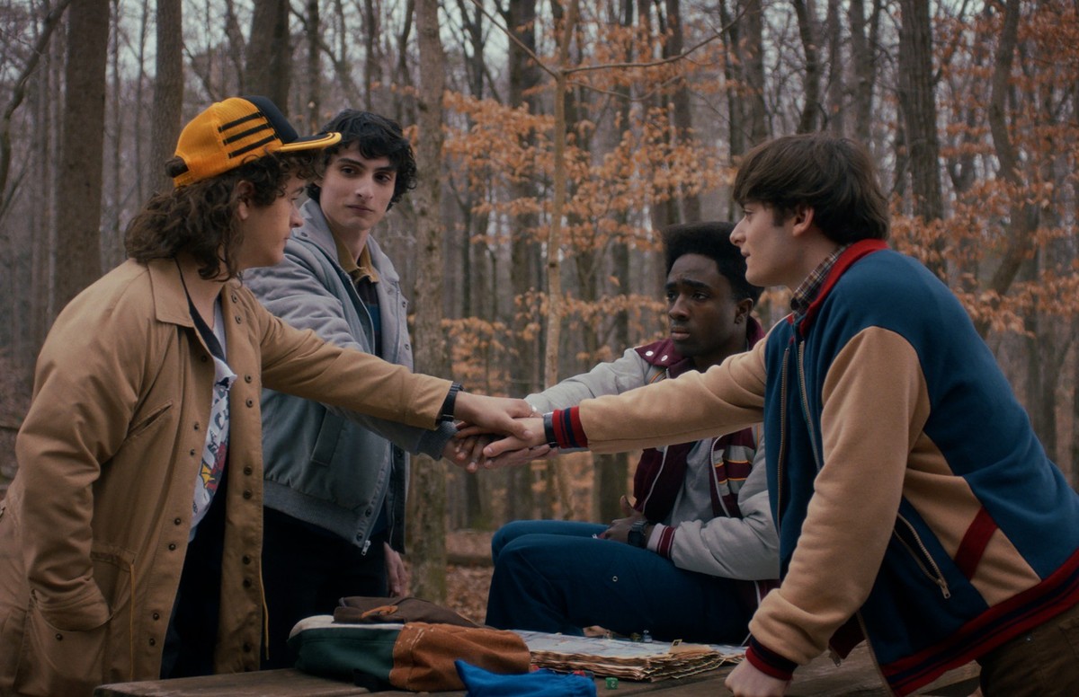 STRANGER THINGS: SEASON 5. (L to R) Gaten Matarazzo as Dustin Henderson, Finn Wolfhard as Mike Wheeler, Caleb McLaughlin as Lucas Sinclair, and Noah Schnapp as Will Byers in STRANGER THINGS: SEASON 5. ...