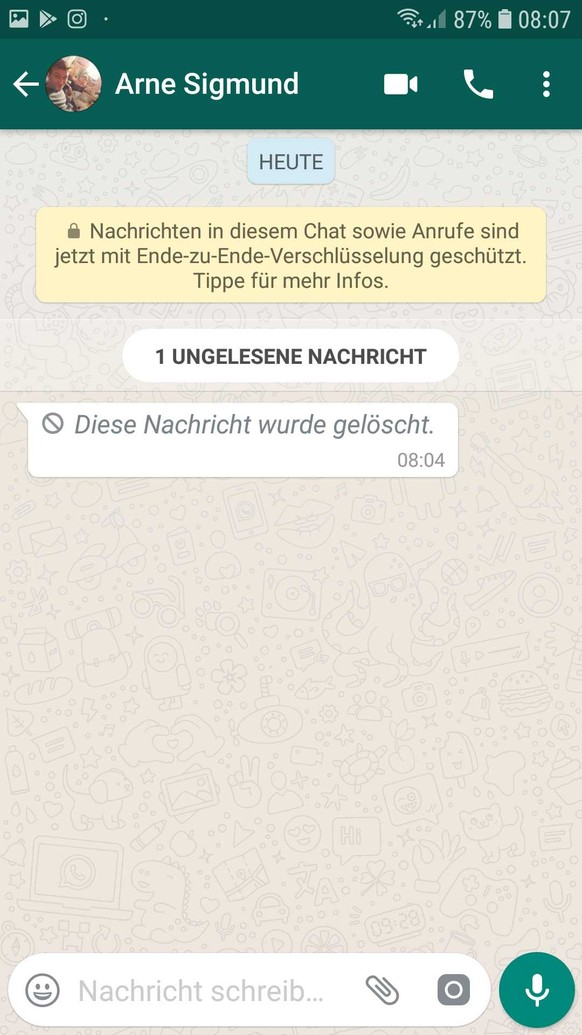 Diese Anzeige erscheint in Whatsapp, wenn dein Chatpartner seine Nachricht an dich gelöscht hat.