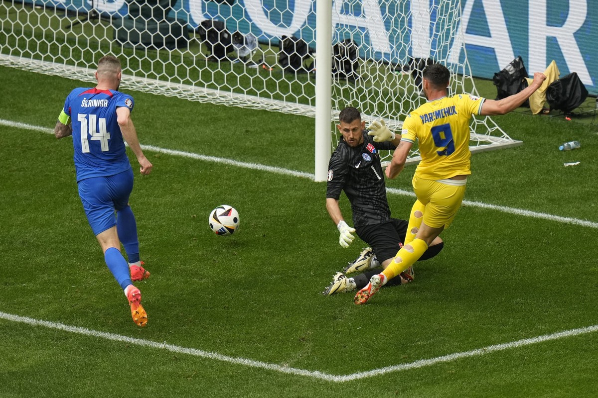 Ukraine&#039;s Roman Yaremchuk, right, scores his side&#039;s second goal against Slovakia&#039;s goalkeeper Martin Dubravka, center, during a Group E match between Slovakia and Ukraine at the Euro 20 ...