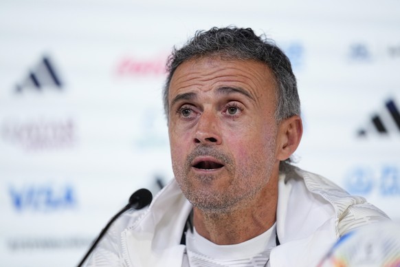 Der spanische Trainer Luis Enrique erschien mit dem Leipziger Dani Olmo bei der Pressekonferenz.