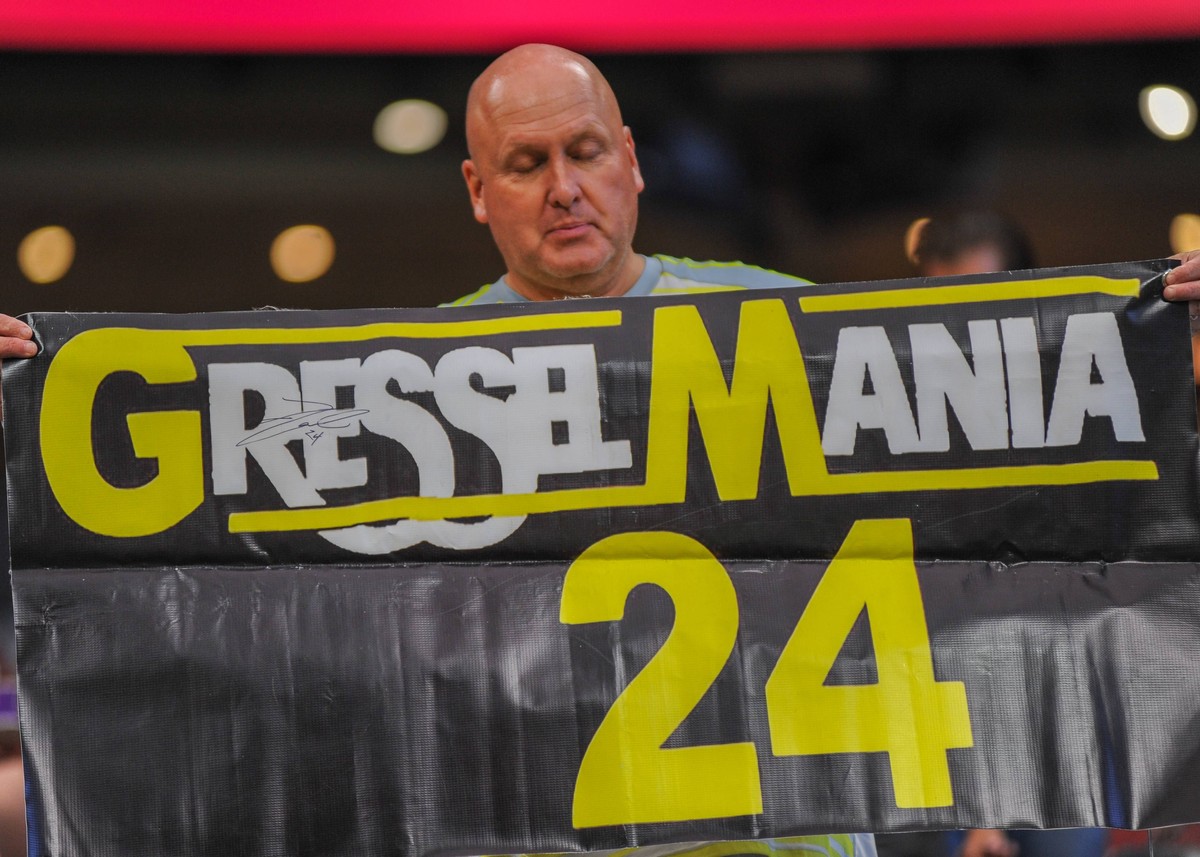 July 21, 2018: An energetic fan displays a banner for Atlanta United midfielder, Julian Gressel (24), during the MLS Fussball Herren USA game at Mercedes-Benz Stadium in Atlanta, GA. Atlanta defeated  ...
