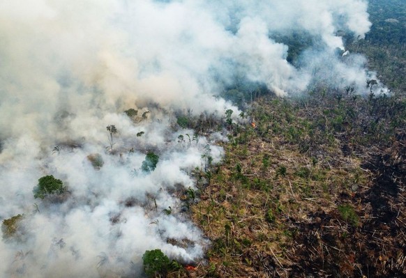 TOPSHOT - Aerial view of a burning area in Lábrea, southern Amazonas State, Brazil, on September 17, 2022. - According to the National Institute for Space Research (INPE), hotspots in the Amazon regio ...