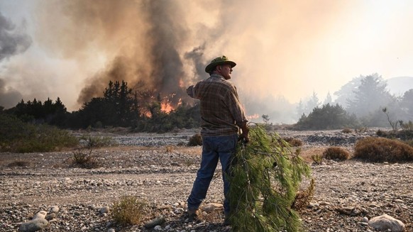 A local man holds a pine tree branch to beat down the approaching wildfires burn in the background, near the village of Vati, just north of the coastal town of Gennadi, in the southern part of the Gre ...