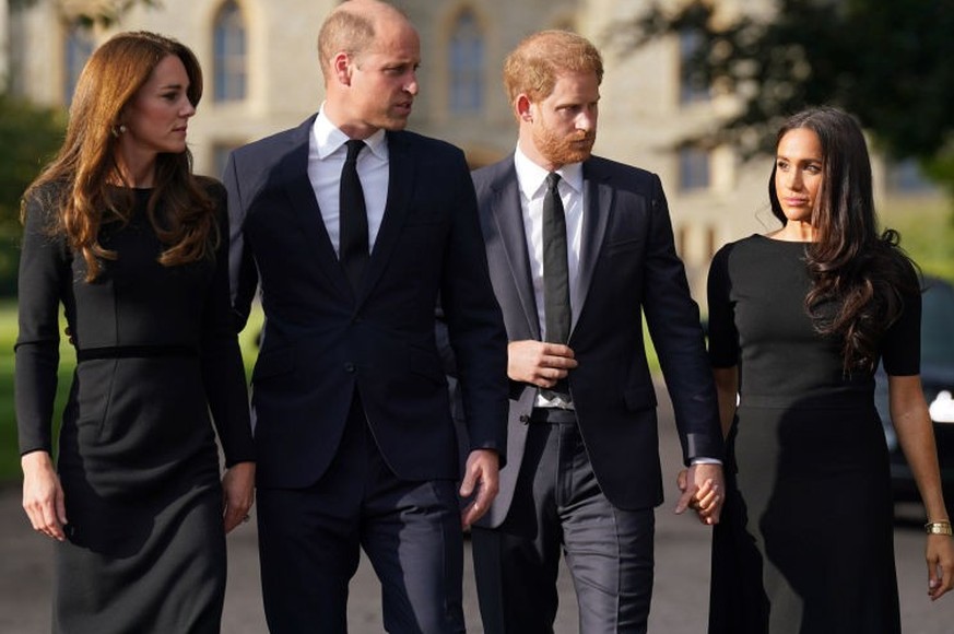 WINDSOR, ENGLAND - SEPTEMBER 10: Catherine, Princess of Wales, Prince William, Prince of Wales, Prince Harry, Duke of Sussex, and Meghan, Duchess of Sussex on the long Walk at Windsor Castle on Septem ...