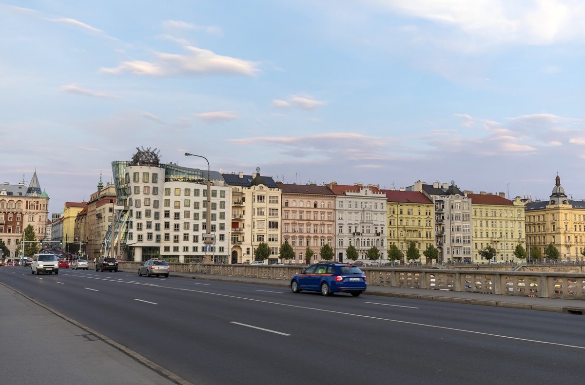 Jiráskův Bridge and old buildings in Prague, Czech Republic