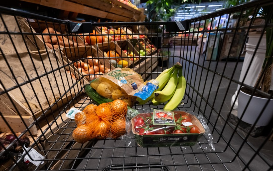 ARCHIV - 18.01.2023, Bayern, Neubiberg: Verschiedene Lebensmittel liegen in einem Supermarkt in einem Einkaufswagen. Das Statistische Bundesamt ver
