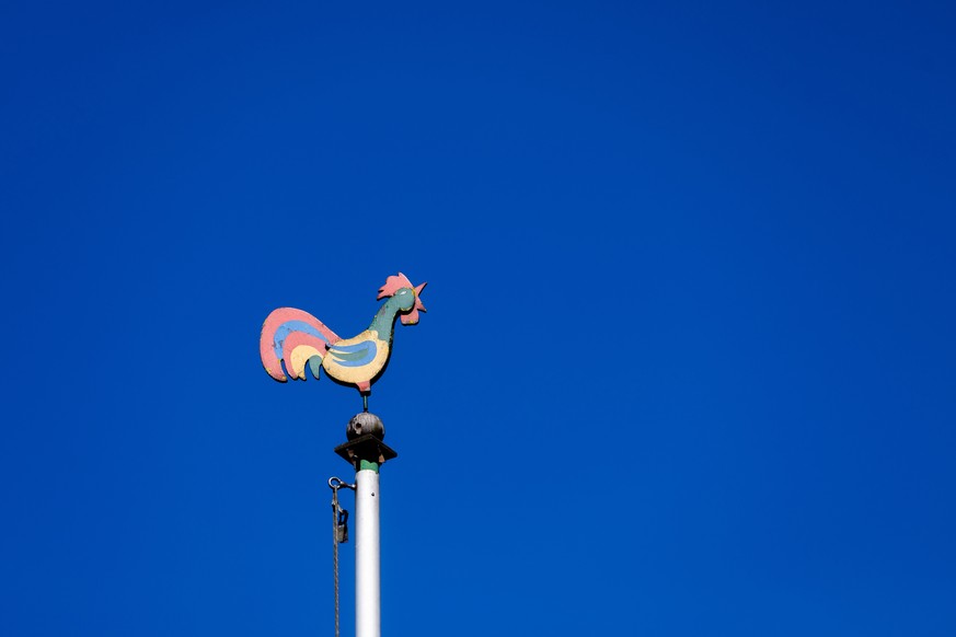 24.03.2020, Nordrhein-Westfalen, Haltern am See: Ein Wetterhahn wird vor einem wolkenlosen blauen Himmel von der Sonne angestrahlt. Wegen der Ausbreitung des Coronavirus sollen die Menschen trotz herv ...