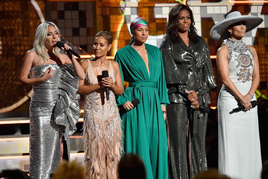 LOS ANGELES, CA - FEBRUARY 10: Lady Gaga, Jada Pinkett Smith, host Alicia Keys, Michelle Obama, and Jennifer Lopez speaks onstage during the 61st Annual GRAMMY Awards at Staples Center on February 10, ...