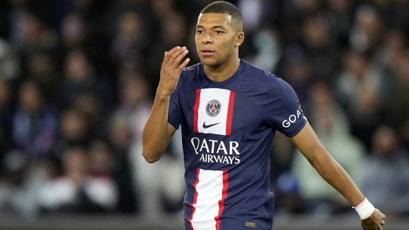 PSG&#039;s Kylian Mbappe reacts during the Champions League Group H soccer match between Paris Saint Germain and Benfica, at the Parc des Princes stadium, in Paris, France, Tuesday, Oct. 11, 2022. (AP ...