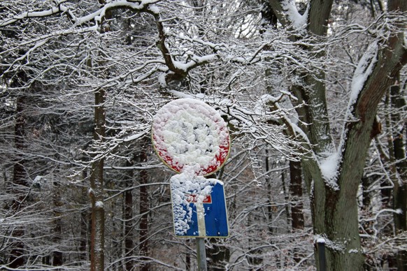 Winterlandschaft im Hamburger Volkspark. Ein eingeschneites Verkehrsschild Tempo 30. *** Winter landscape in Hamburgs Volkspark A snow-covered 30 km/h traffic sign