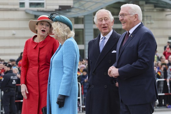 German President Frank-Walter Steinmeier, right, his wife Elke Buedenbender, left, and Britain&#039;s King Charles and Camilla, the Queen Consort attend a welcome ceremony, in Berlin, Germany, March 2 ...