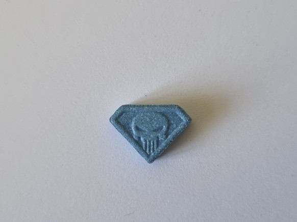 This undated handout photo provided on Wednesday, June 28, 2023 by the Neuhardenberg Police department shows a so-called &#039;Blue Punisher&#039; ecstasy pill. German police have warned of a potentia ...