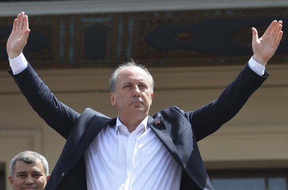 Muharrem Ince, a lawmaker with Turkey&#039;s main opposition Republican People&#039;s Party, CHP, and the party&#039;s presidential candidate, waves to supporters as he begins his campaign in Ankara,  ...