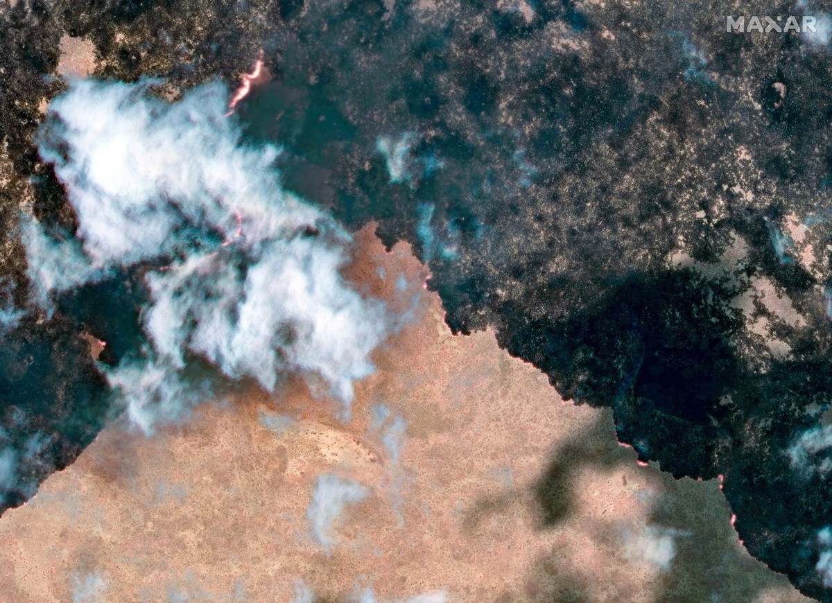 A satellite image shows and overview of Namibia, where wildfires have scorched over a third of Etosha National Park, September 26, 2025. Maxar Technologies/Handout via REUTERS THIS IMAGE HAS BEEN SUPP ...