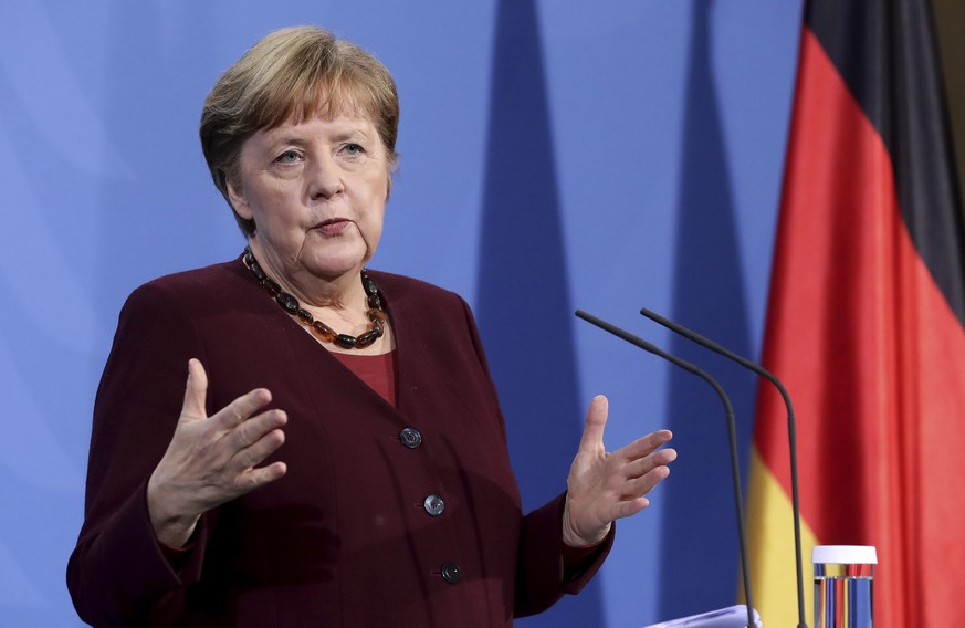 Bundeskanzlerin Angela Merkel (CDU) stellt in der Pressekonferenz im Kanzleramt die Ergebnisse der Telefonkonferenz mit den Ministerpräsidentinnen und Ministerpräsidenten der Länder vor.