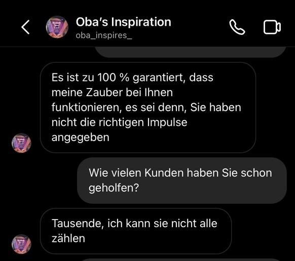 Screenshot eines Chat-Verlaufs mit einem vermeintlichen Liebes-Zauberer. Durch einen Fake-Account wollten wir mehr über das neue Instagram-Phänomen erfahren.