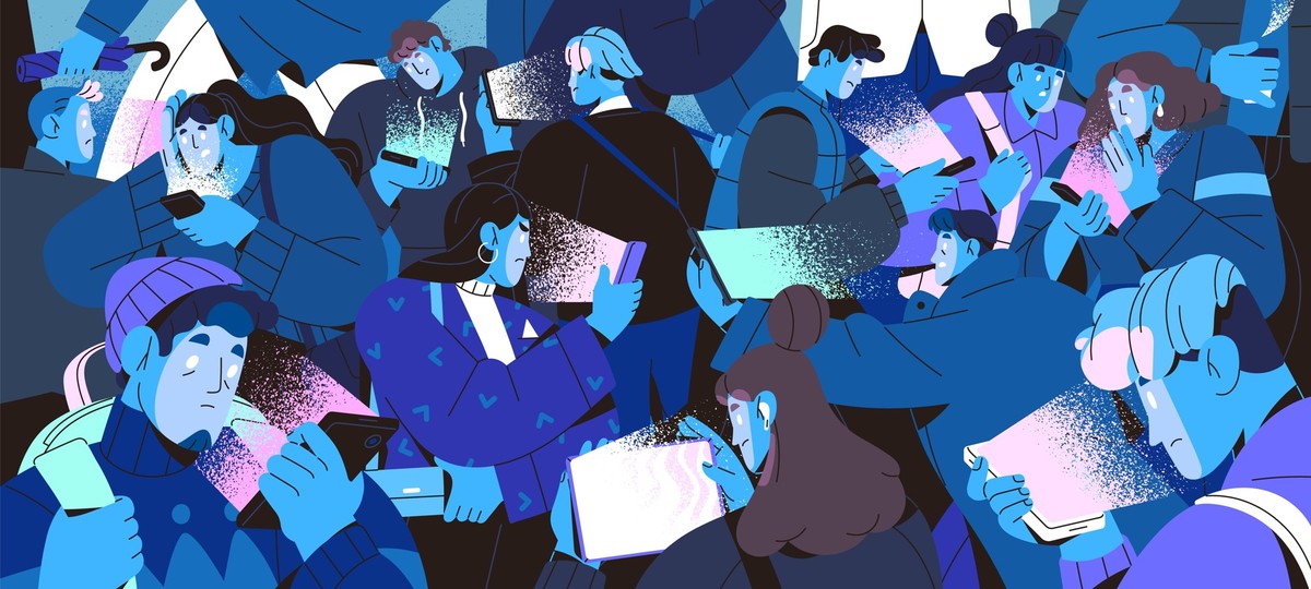 Crowd on mobile phones. Sad, shocked people reading bad news. Many persons scrolling social media, surfing internet in smartphones. Cellphones addiction problems. Monochrome flat vector illustration.