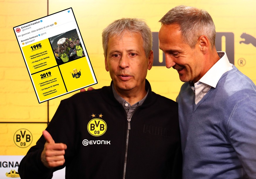 BVB-Trainer Lucien Favre (l.) und sein Kollege Adi Hütter von Eintracht Frankfurt. Der BVB hofft auf Schützenhilfe der SGE...