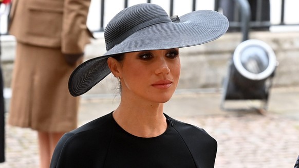 Meghan, Duchess of Sussex arrives for the funeral service of Queen Elizabeth II at Westminster Abbey in central London, Monday Sept. 19, 2022. The Queen, who died aged 96 on Sept. 8, will be buried at ...