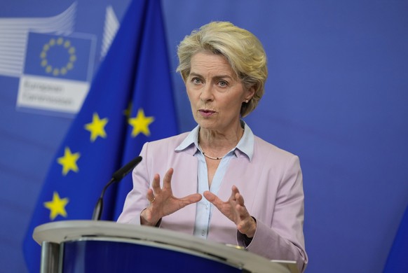 European Commission President Ursula von der Leyen speaks during a media conference at EU headquarters in Brussels, Wednesday, Sept. 7, 2022. European Union countries should set a price cap on Russian ...