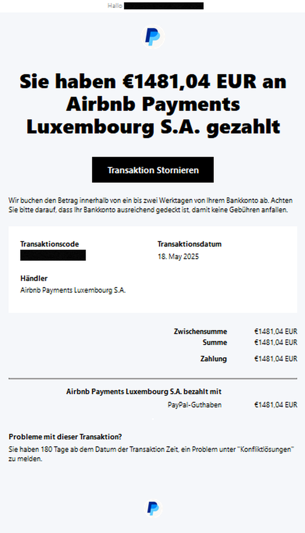 Die Phishing-Mail im Namen Paypals wirkt authentisch.