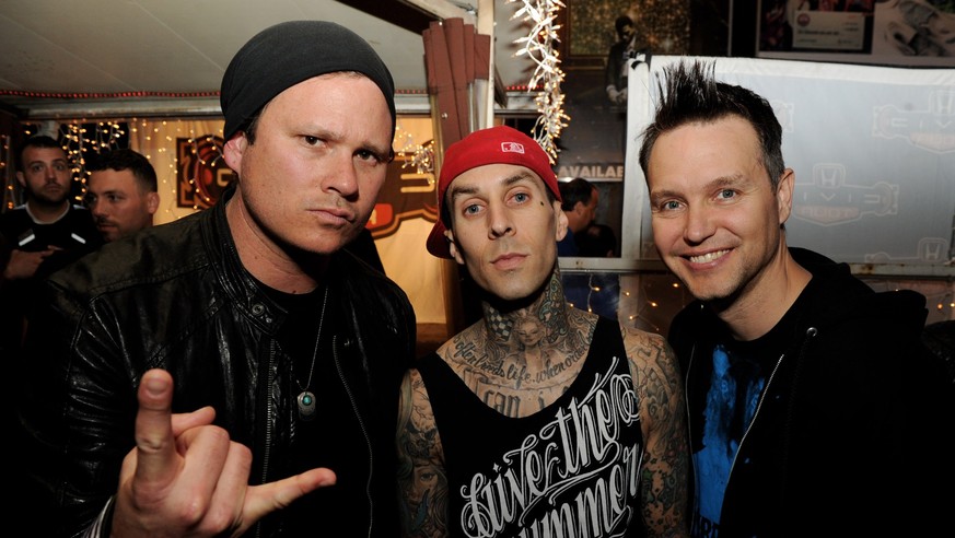 WEST HOLLYWOOD, CA - MAY 23: (L-R) Musicians Tom DeLonge, Travis Barker and Mark Hoppus of blink-182 pose at a press party of announce the 2011 Honda Civic Tour featuring blink-182 and My Chemical Rom ...