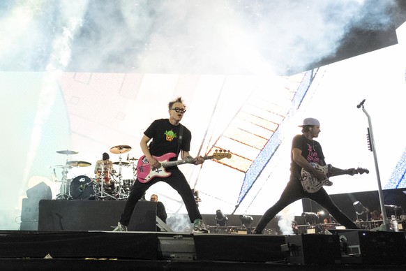 Travis Barker, left, Mark Hoppus, and Tom DeLonge of Blink-182 perform at the Coachella Music and Arts Festival at the Empire Polo Club on Sunday, April 24, 2023, in Indio, Calif. (Photo by Amy Harris ...