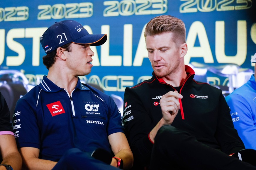 March 30, 2023, Melbourne, Australia: Nyck De Vries of Netherlands and Scuderia AlphaTauri and Nico Hulkenberg of Germany and MoneyGram Haas F1 Team in the press conference, PK, Pressekonferenz ahead  ...