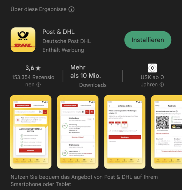 Die Bewertung der Post- und DHL-App beläuft sich auf 3,6 Sterne.