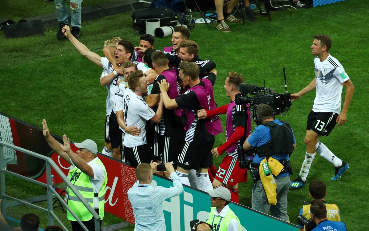 Soccer Football - World Cup - Group F - Germany vs Sweden - Fisht Stadium, Sochi, Russia - June 23, 2018 Germany's Toni Kroos celebrates scoring their second goal with teammates REUTERS/Hannah Mc ...