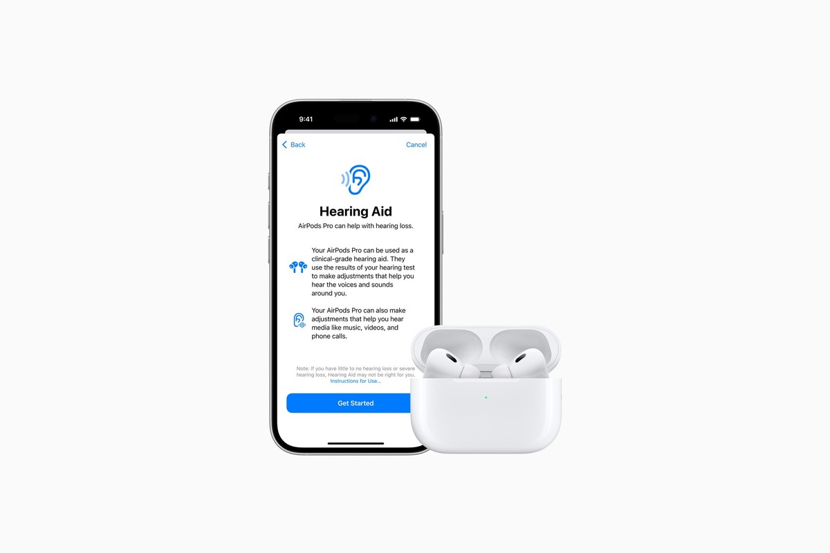 HANDOUT - Apples Airpods Pro 2 können in Verbindung mit einem iPhone oder iPad als Hörhilfe für geringe bis mittlere Höreinschränkungen eingestellt werden. (zu dpa: «Apples Airpods sind bald auch Hörg ...