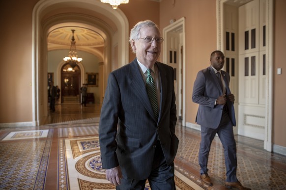 Senate Majority Leader Mitch McConnell, R-Ky., walks from the chamber as he awaits a FBI report on Supreme Court nominee Brett Kavanaugh, at the Capitol in Washington, Wednesday, Oct. 3, 2018. (AP Pho ...